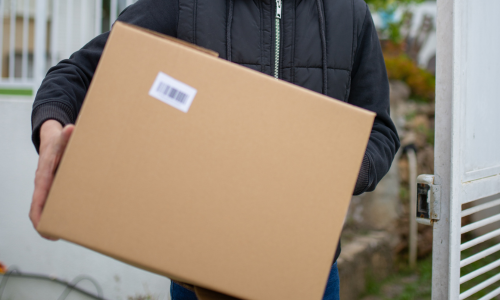 Individual carrying a large cardboard box